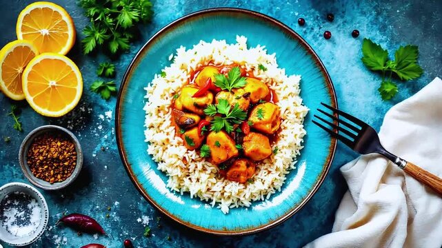 Gourmet Delight: An artfully arranged plate of culinary creation features a bed of fluffy rice crowned with a flavorful curry. Garnished with herbs and citrus.