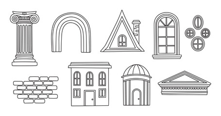Minimalist black and white line art collection of various architectural elements, showcasing a classical column, house, arch, windows, and roof designs for creative projects