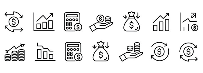 Visualize your financial success with these modern line icons depicting growth, investment, and money management, perfect for business presentations and website design showcasing prosperity