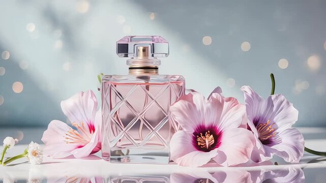Elegant perfume bottle with delicate pink flowers and soft bokeh background