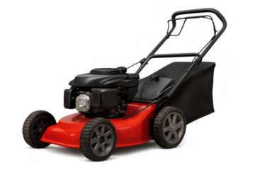 Red lawn mower with grass catcher for yard work and gardening, performing outdoor landscaping tasks