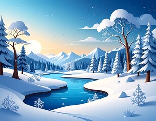 A serene winter scene depicts a winding river flowing through a snow-covered landscape. Majestic mountains rise in the background beneath a vibrant, cloudy sky
