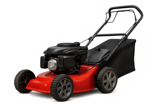 Red lawn mower with grass catcher for yard work and gardening, performing outdoor landscaping tasks