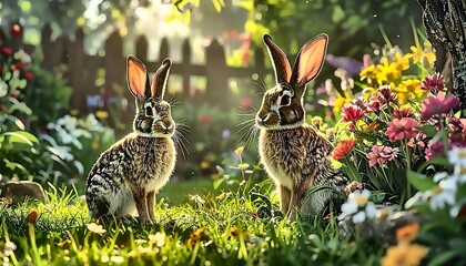Two Alert Rabbits in a Sun-Drenched Garden, Floral Abundance