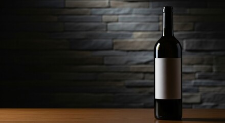 Dark glass wine bottle with a blank white label, set on a warm wooden surface against a textured stone wall, evoking a sense of handcrafted quality and unique potential for custom branding
