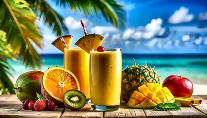 Tropical Smoothie Paradise: Vibrant Fruits, Beach Backdrop, Refreshing Summer Drink