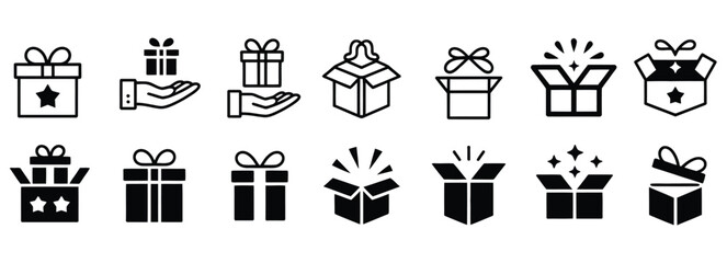 Unwrap delightful surprises with these charming gift box icons, perfect for adding a touch of celebration to your designs and conveying the joy of giving, receiving, and special occasions