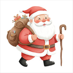 Vector Santa Claus Hiking in Forest with Backpack Isolated on White Background
