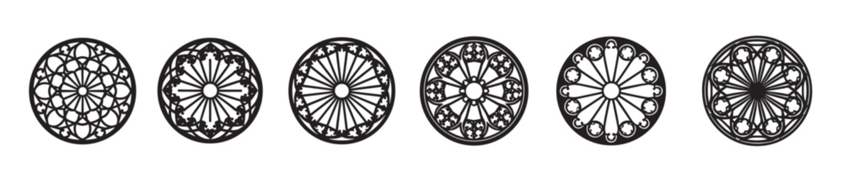 A collection of six intricate black and white circular rose window designs in a Gothic architectural style, presented as a set of vector icons isolated on a white background