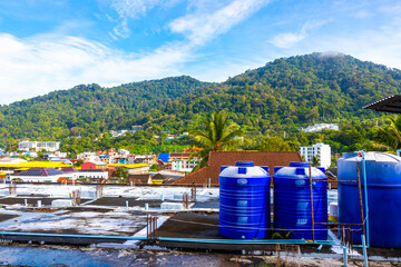 Panoramic view tropical landscape mountains city Patong Beach Phuket Thailand.