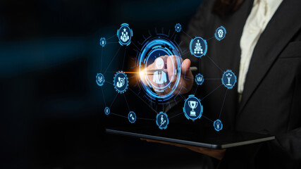 Leadership icons symbolize teamwork, vision, and decision-making. Leadership guides business,...