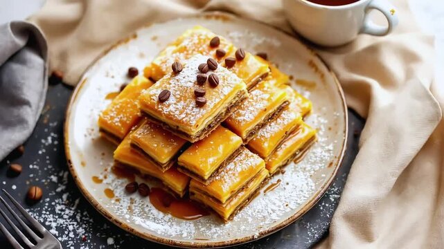Exquisite Baklava: Delight in the layers of flaky pastry, rich nuts, and sweet syrup, beautifully presented with a sprinkle of powdered sugar, promising a taste of indulgence and tradition.