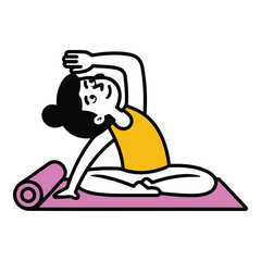 Vibrant illustration of a woman engaged in a yoga side bend pose on a mat, symbolizing balance, flexibility, and a mindful approach to physical and mental wellness