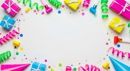 Vibrant celebration background with a festive frame of colorful gift boxes, confetti, and party streamers on a white surface with copy space