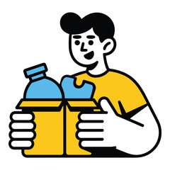 Cartoon man joyfully holding a donation box containing essential items like clothing and a bottle, representing acts of charity, community support, and thoughtful giving