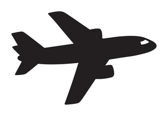 Obraz premium A simple black silhouette icon of a passenger airplane in flight, viewed from an angle against a clean white background, representing travel and aviation