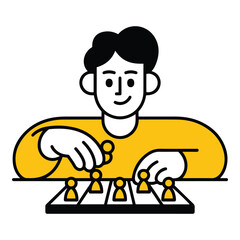 A person engaged in a board game, strategically planning moves. This illustration captures the concept of thoughtful play, intellectual challenge, and focused problem-solving