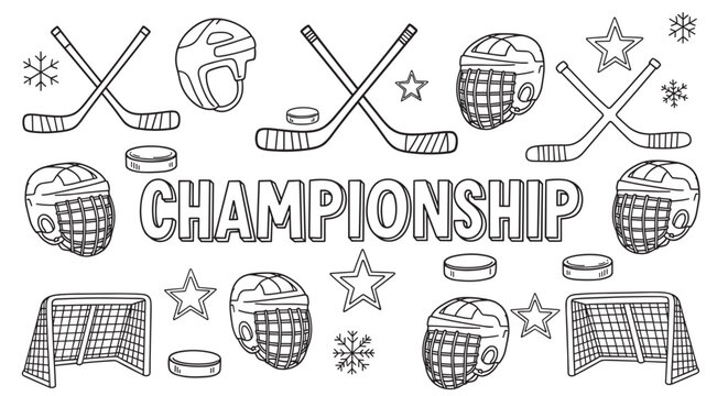 Hand-drawn black and white doodle set featuring ice hockey equipment like sticks, pucks, and helmets surrounding the word Championship in a winter sports theme illustration