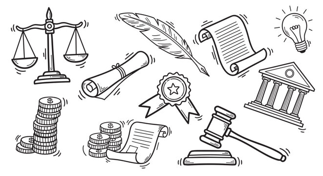 A collection of hand-drawn doodle icons representing law, justice, finance, and education concepts like a gavel, scales, courthouse, and coins on a beige background