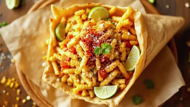 Delicious elote style pasta in a cone with lime and chili powder