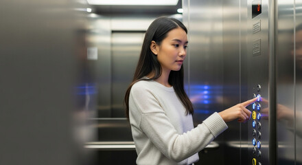 Asian girl pressing elevator button in modern elevator cabin  