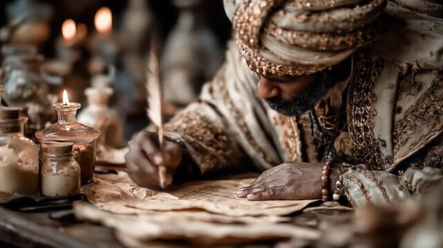 Historical figure writing with feather and ink on ancient parchment