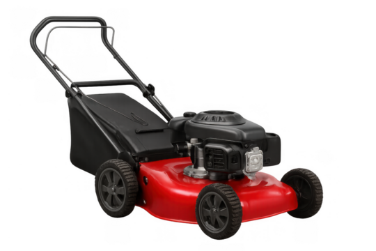 Red lawn mower with grass catcher, an essential gardening tool for home yard maintenance, removing excess lawn