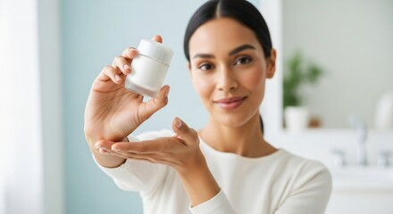 Portrait of a smiling young woman presenting a jar of cosmetic cream, demonstrating her daily skincare routine at home