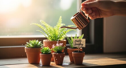 Potted plant watering moment with natural morning tones