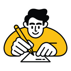 Illustration of a cheerful person in a yellow shirt writing on a piece of paper with a pencil, symbolizing creativity and education