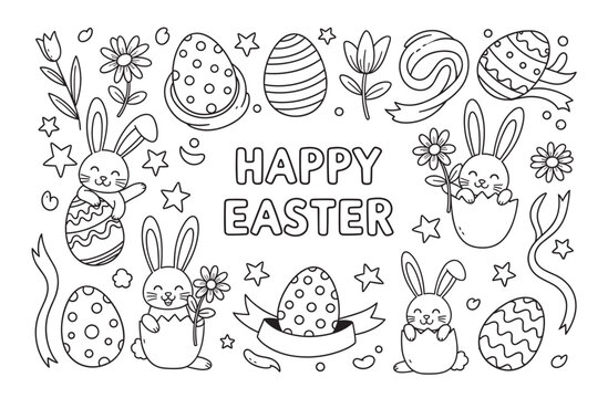 Festive black and white line art illustration for a children's coloring book with cute bunnies, decorated eggs, spring flowers, and a Happy Easter greeting in a doodle style