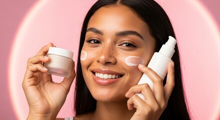 Beautiful woman with healthy skin holding skincare products for beauty and self-care