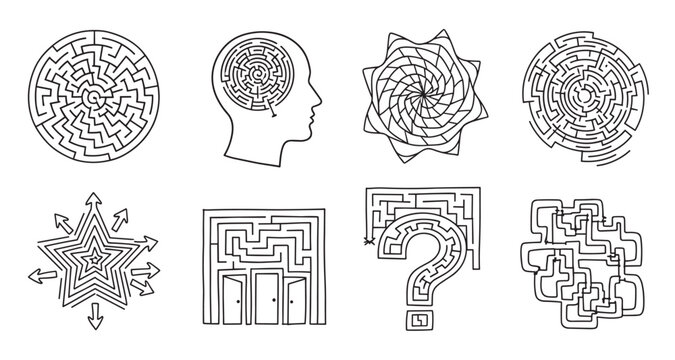A collection of hand-drawn maze and labyrinth icons representing concepts of problem-solving, complexity, psychology, and finding a path, isolated on a white background