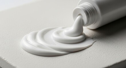 A detailed close-up of a swirl of thick white cosmetic cream or artist's paint being squeezed from a tube onto a textured surface, showing the product's consistency