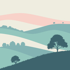 Obraz premium Rolling hills landscape with trees in pastel colors and a calm atmosphere