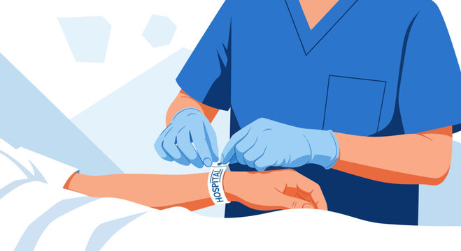Medical Professional Places Hospital ID Band On Patient's Wrist For Identification Purposes