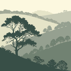 Rolling hills landscape with a lone tree in the foreground illustration