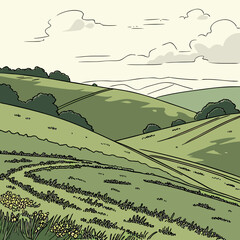 Green hills landscape with a winding path in the foreground illustration