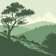 Green hills landscape with a lone tree in the foreground illustration