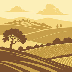 Rolling hills landscape with trees and fields in a vintage color palette