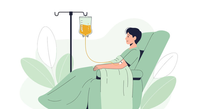 Patient Receiving Intravenous Fluids in a Hospital Setting with Green Foliage Art