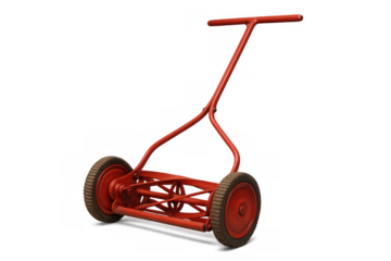 Red manual reel push lawn mower for gardening, cutting grass, vintage garden tool, eco-friendly lifestyle