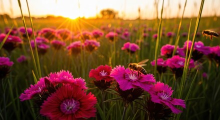 Golden hour sunset over a field of vibrant pink wildflowers with bees collecting nectar
