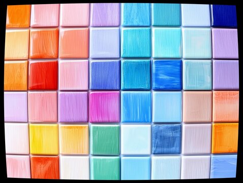A close-up, top-down view of a grid of square tiles, each with a unique pastel or bright color and visible brushstrokes.