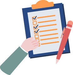 Hand holding clipboard with a checked checklist and pen, representing task completion, planning, or survey.
