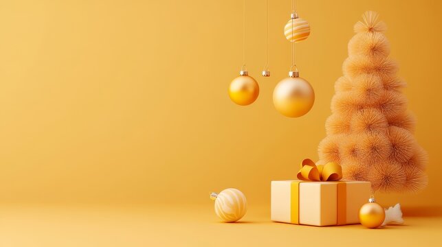 94.A cheerful 3D Christmas scene with a realistic gift box, bright bauble balls hanging from festive ribbons, and a conical spruce tree. The colors blend softly with warm yellow-red tones, creating a