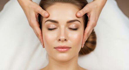 Fototapeta premium Headshot of beautiful relaxed lady with closed eyes, view from above, spa therapist doing facial and head massage in beauty salon.