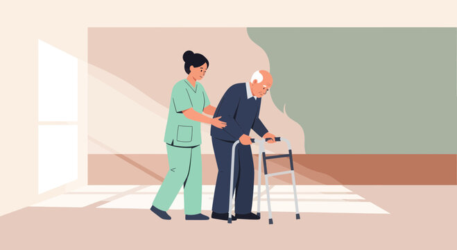 Supporting Mobility: A Healthcare Professional Assisting an Elderly Individual's Movement