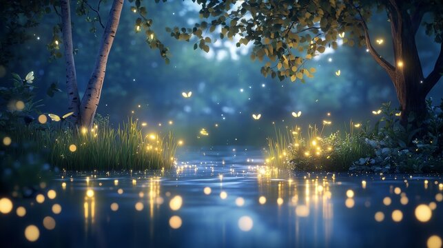 45.A dreamy night forest landscape illuminated by the soft glow of moonlight. A glowing swamp or lake reflects the light, while fireflies flicker around the trees and bushes. The trees are large and