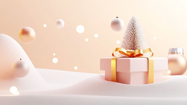 95.A beautifully detailed 3D scene for Christmas and New Year celebrations, featuring a wrapped gift box, glowing baubles suspended from ribbons, and a sprightly conical pine tree. Soft yellow-red